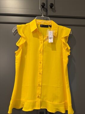 New York & Company Bright Yellow Ruffle Sleeve Button-Down Blouse